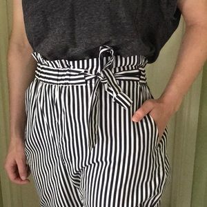 Zara striped paperbag tie high waist pants